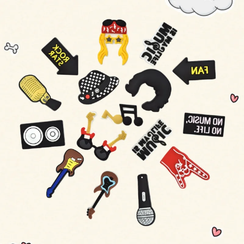 

16Pcs Music-Themed PVC Slipper Shoe Charms Guitar & Microphone Buckle Clog Decorations DIY Backpack & Wristbands Party Gift Set