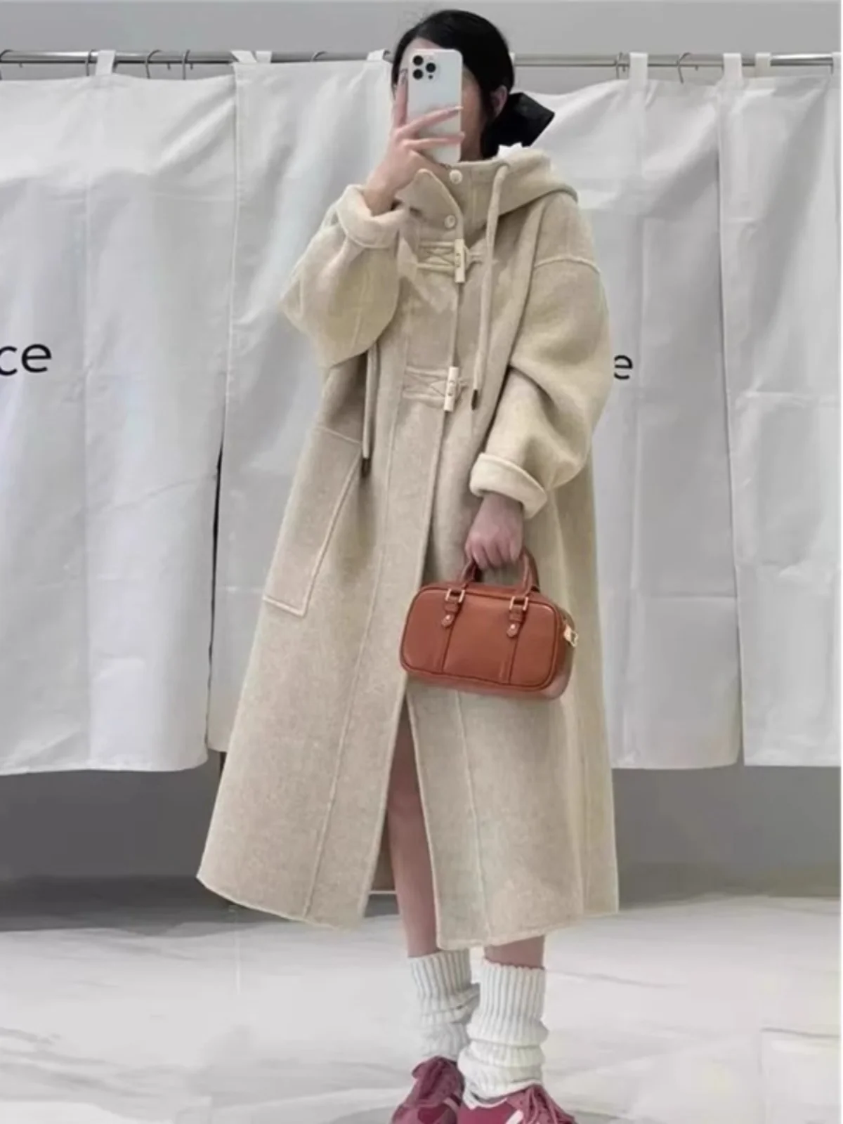 

plus Size Women's Woolen Coat with Horn Buttons And Hood Medium Length Loose Fit Slimming Outerwear for Autumn Korean Style
