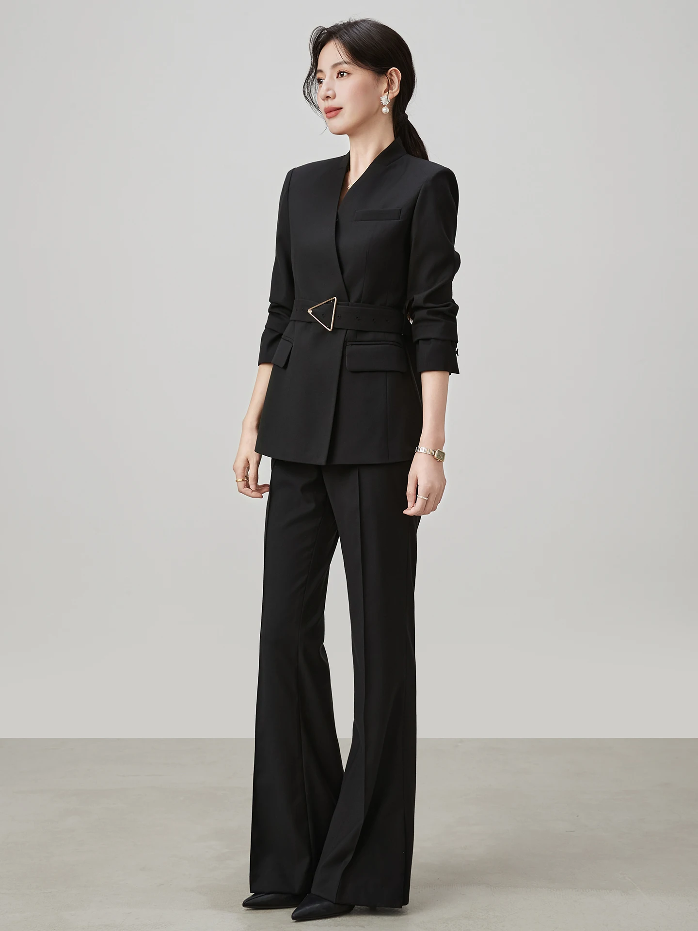 

Slim Fit Commute Suit Set Women's Belted Trousers with Slits Pantsuit Two Piece Set Bla Narrow Belted Waist Control