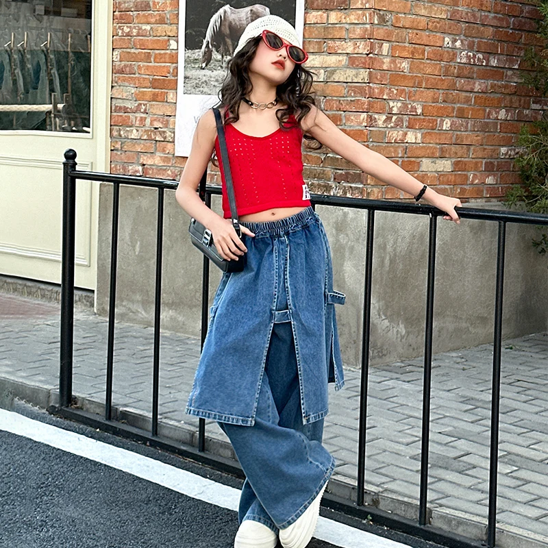 2026 Summer Fashion Girls Pants Kids Patchwork Jeans Unique Butt curtain Streetwear Loose Blue Pants for Girl thin denim trouser