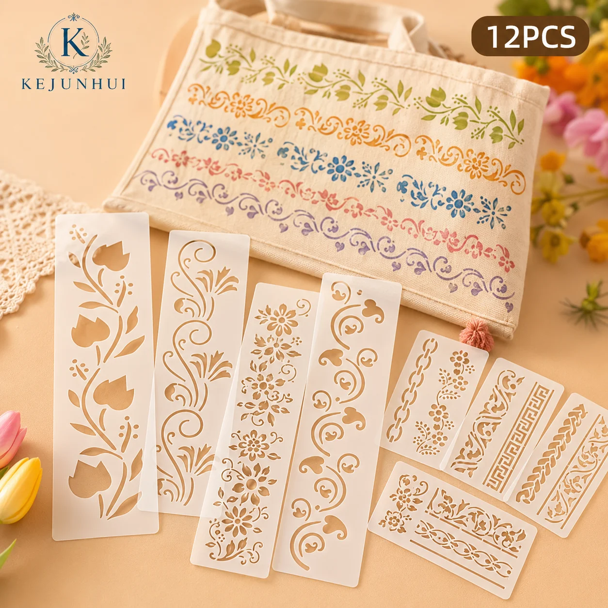 12Pcs 2.95x11.8in Floral Border Stencils Reusable PET DIY Painting Stencils Vine Pattern Craft Templates Wall Wood Fabric Decor