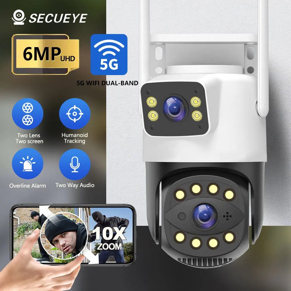 

6MP HD IP Wifi Camera Outdoor 5G Dual Lens Dual Screen Icsee App Auto Tracking Waterproof Security Video Surveillance Police