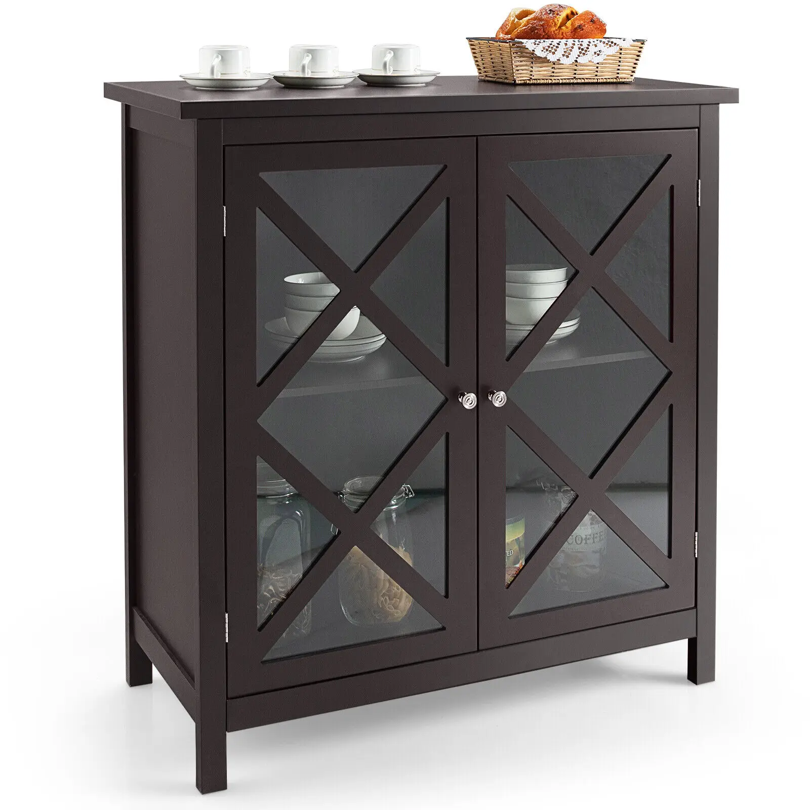 Kitchen Buffet Sideboard Storage Cabinet w/Glass Doors & Adjustable Shelf Brown