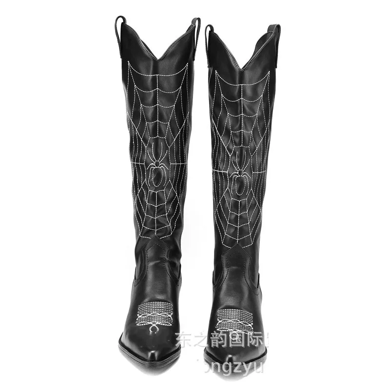 Black Embroidered Denim Knee-High Boots Chunky High Heel Pointed Toe Botines Women Plus Size Chimney Botas Femininas