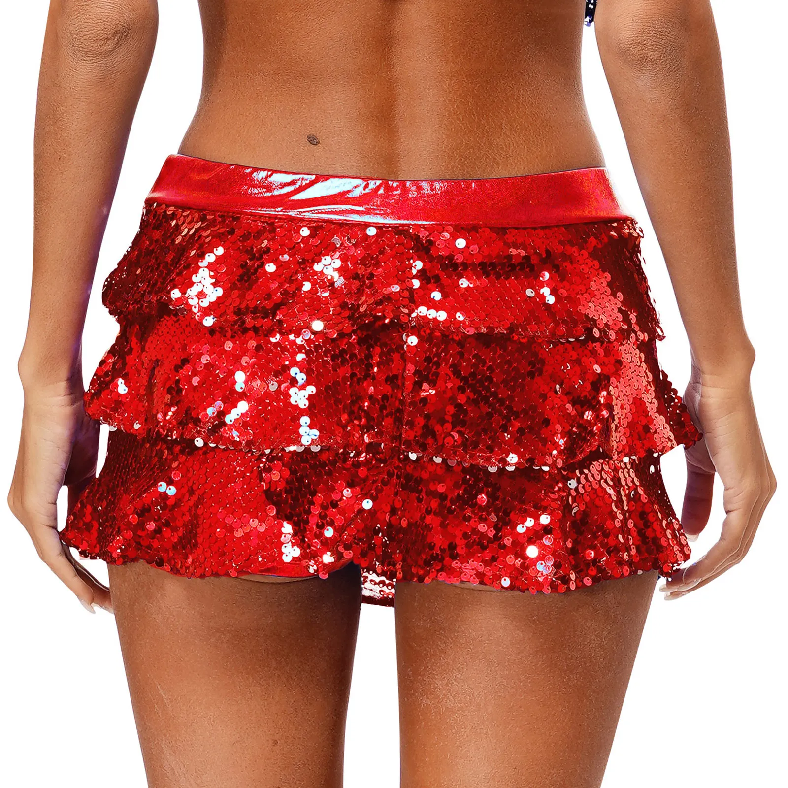 Womens Sequins Shiny Mini Skirts Shorts Metallic Elastic Waistband Ruffles Culottes Latin Jazz Dance Stage Performance Costume