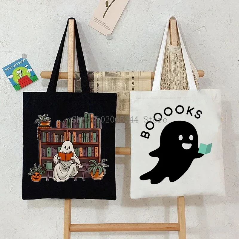 Women Canvas Shoulder Bag Halloween Ghost Reading Books Print Handbag Ladies Casual Bookworm Tote Bag Book Lovers Shopping Bag