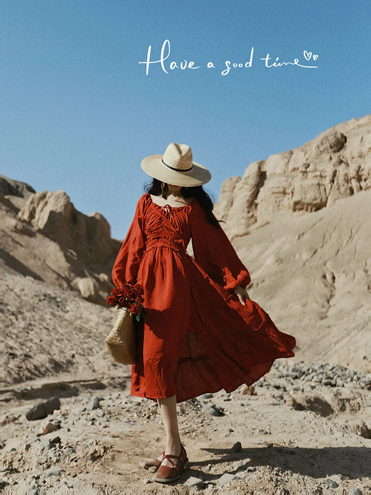 

Hot Beauty Red Pleated Waist Wrapped Lantern Sleeve Split Dress Hot Sale In Desert Travel Photography For Tourism And Vacation