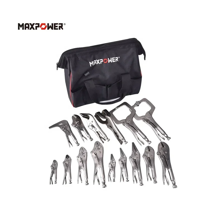 Maxpower 15 Piece Chrome Vanadium Steel Locking Pliers Set with Long Nose Pliers, Curved Jaw Pliers