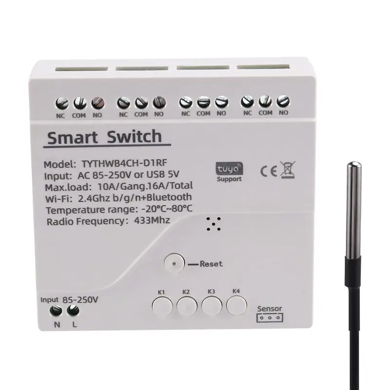 

Умный Wi-Fi выключатель ABKN-Tuya с датчиком температуры, мониторингом и поддержкой Alexa/Google Home, AC 85-250V