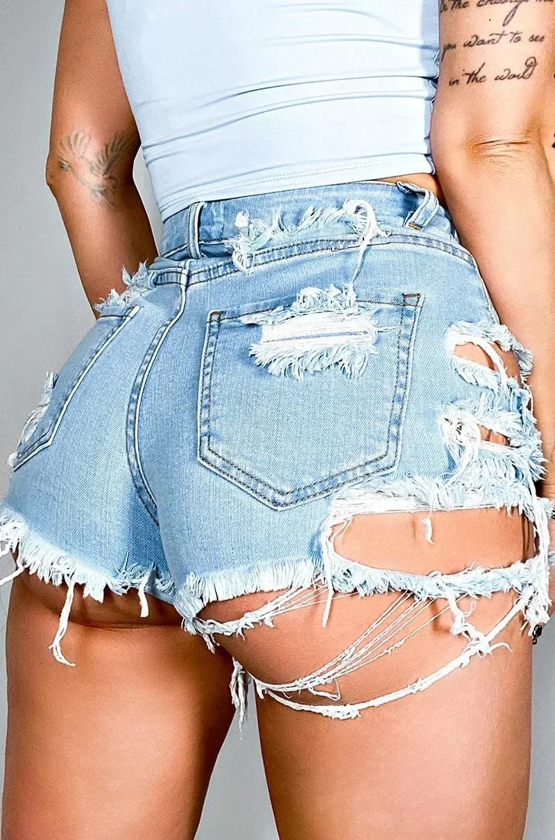 Vrouwen Shorts Denim Jeans Wassen Sexy Blauwe Gaten Verontruste Gesplitste Hoge Taille Y2k Knop Zakken Zomer 2025, Kwastje Streetwear