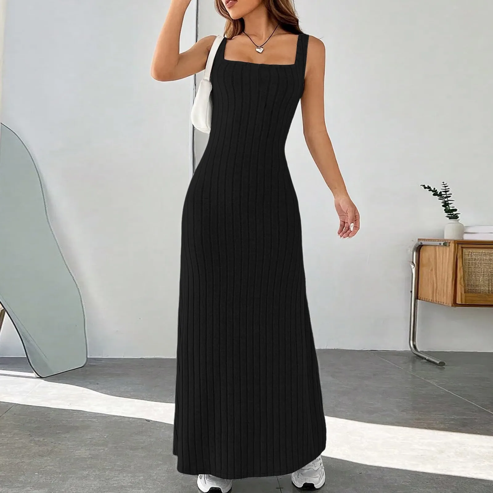 Women'S Tank Dresses Autumn New Casual Fashion Pit Strip Sanding  Dress Sexy Slim Fit Square Neck Daily All-Match Maxi Dress