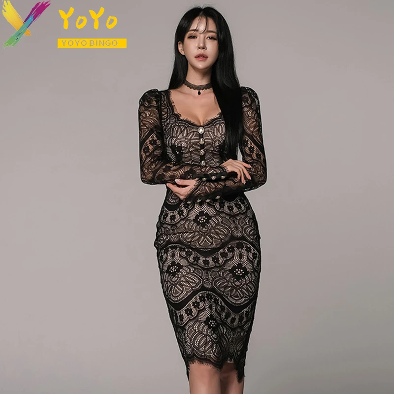 Elegant Party Flower Lace Square Neck Puff Sleeve Dress Spring 2024 Women\'s Fashion Slim Bodycon Temperament Hollow Dress