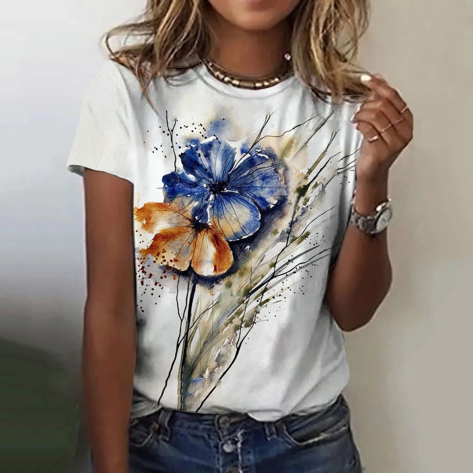 

Casual And Comfortable T-shirt Small Fresh Flower 3D Printed Short Sleeve Fashion Women Short Sleeve Pullover Summer