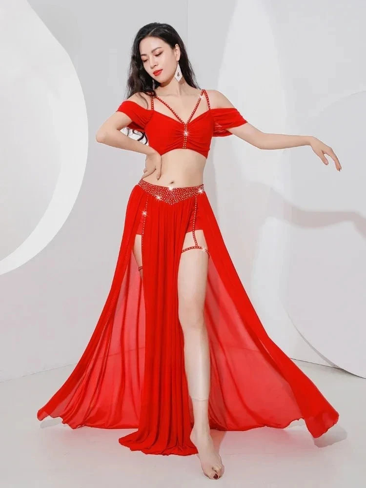 

Belly Dance Professional Suit for Women Mesh Short Sleeves Top+sexy Split Long Skirt 2pcs Girl's Oriental Belly Dancing Suit