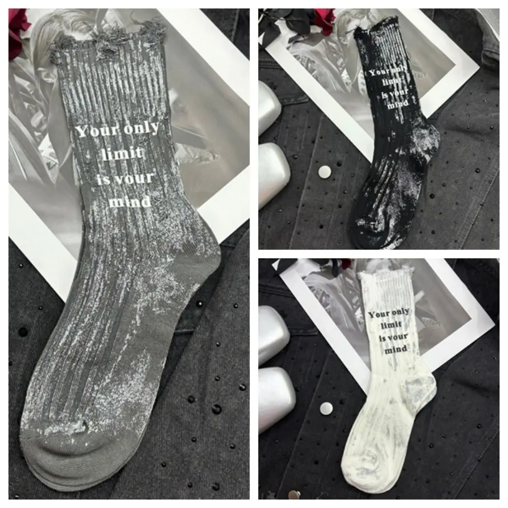 Calzini cavi strappati unici Calzini in cotone dipinto a righe con lettere da donna Calzini a metà polpaccio con personalità streetwear Ragazza