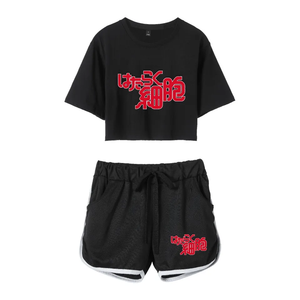 Fashion Novelty Youthful Cells at Work Print Short Sleeve Sexy Shorts+lovely T-shirts Dew navel Pretty Girl suits Two Piece Set
