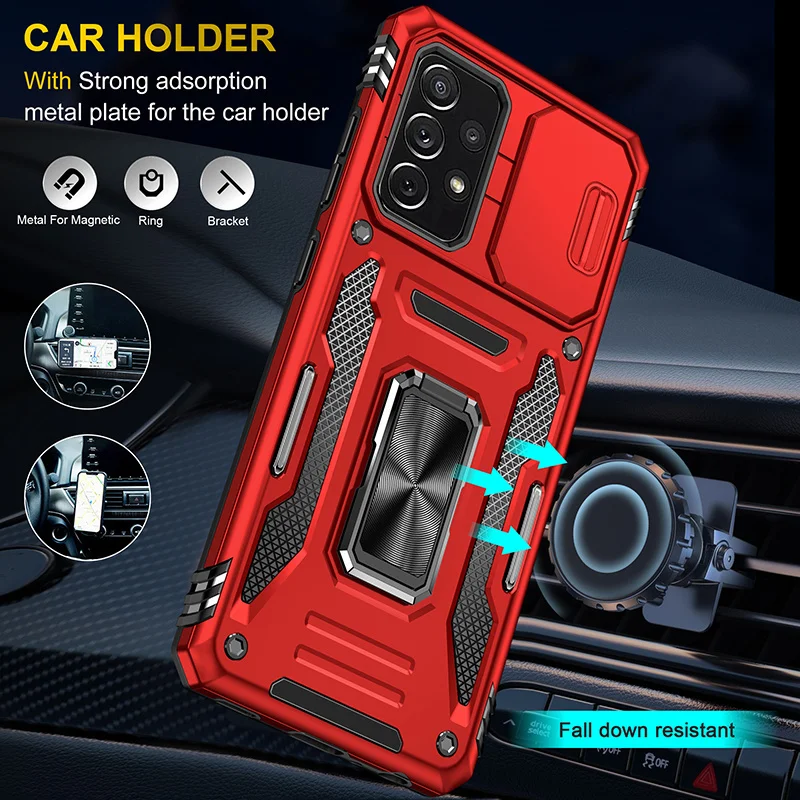 Slide Camera Protect Armor Phone Case For Samsung Galaxy A02 A12 A22 A32 A42 A52 A72 A21s A52s Magnetic Ring Holder Back Cover