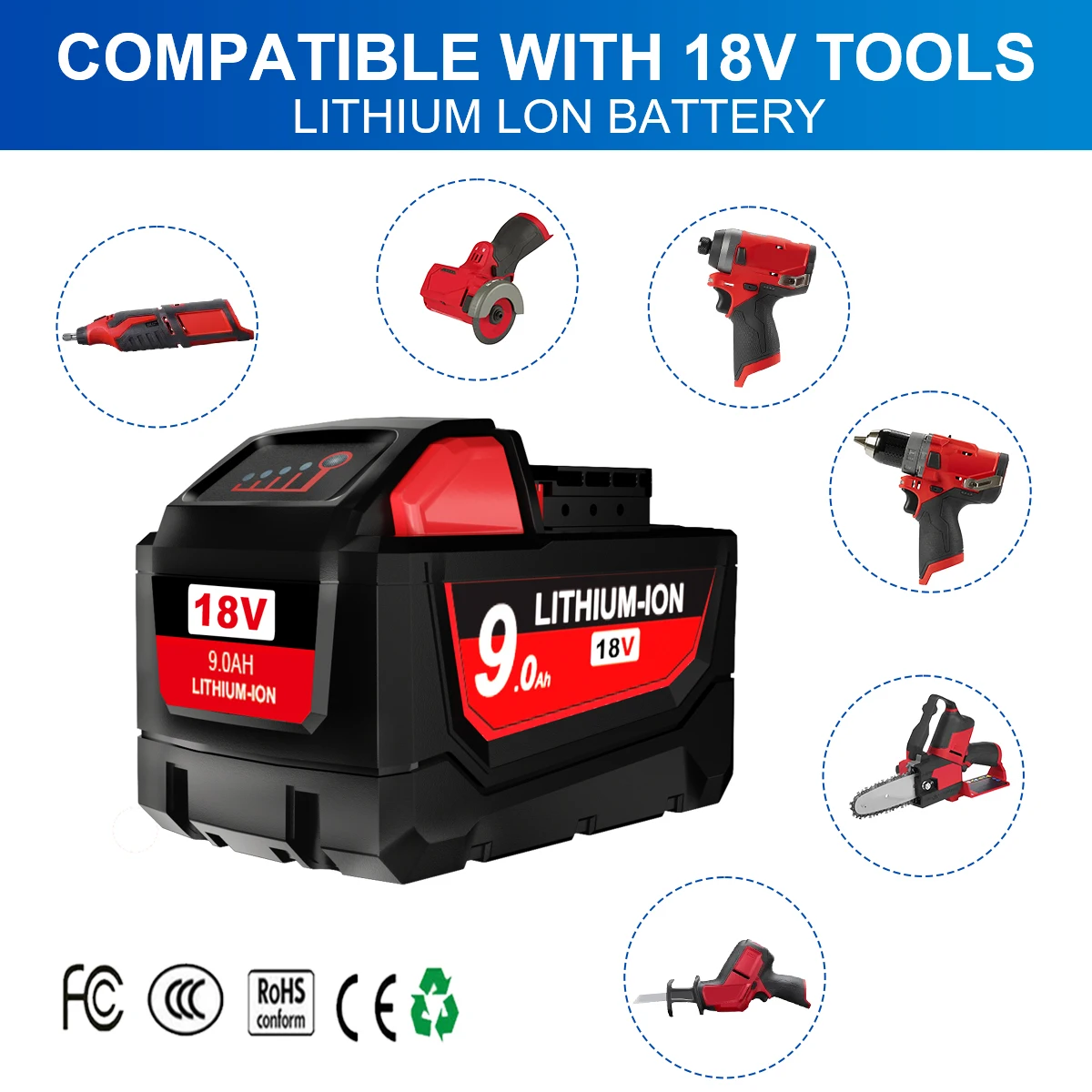 18V 9.0Ah For Milwaukee M18 Battery 9000mAh 15-Cells Li-ion Rechargeable Battery 48-11-1815 48-11-1850 Replacement Barrtey