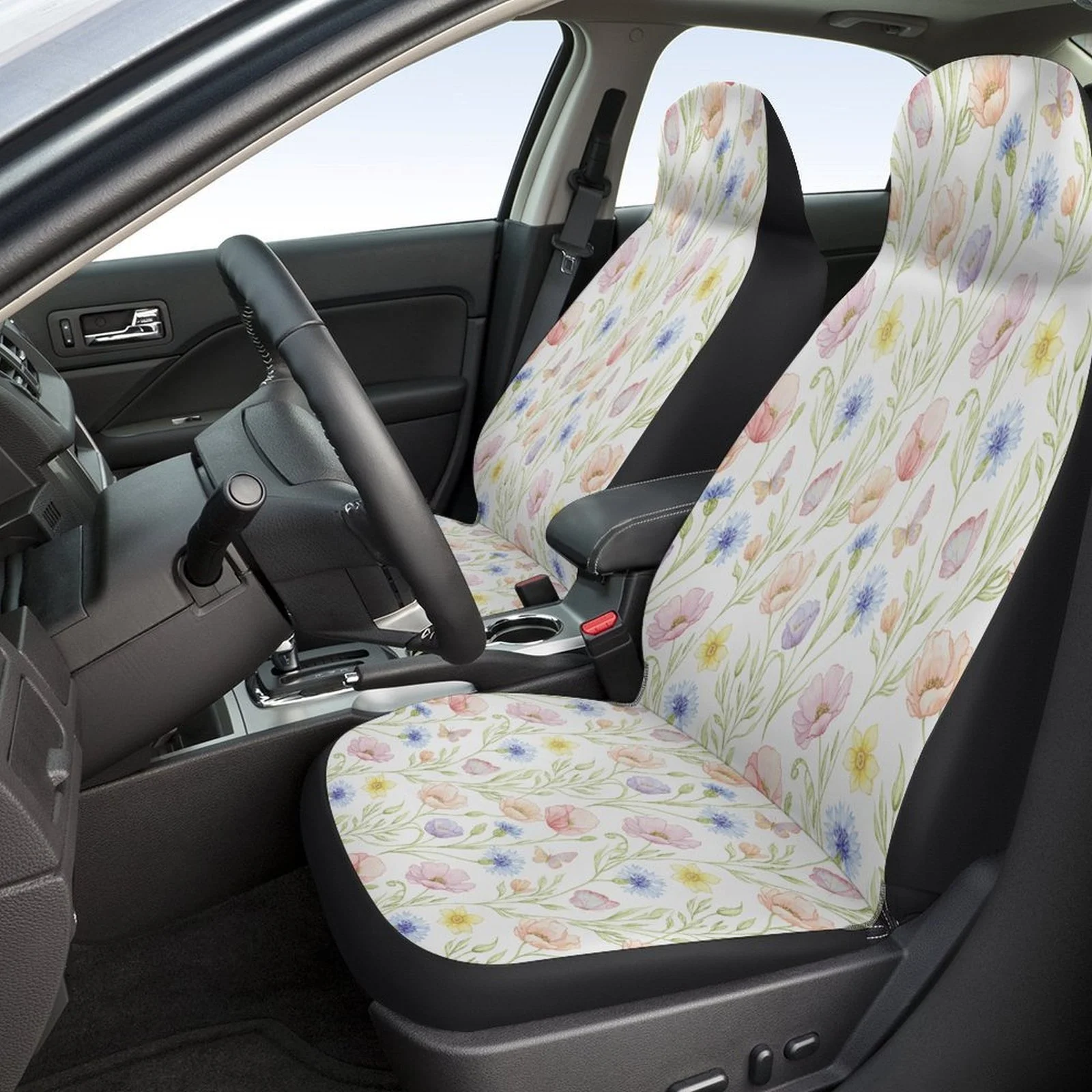Set Of Car Seat Covers Featuring A Floral Design, Suitable For A Wide Range Of Vehicles. Stylish And Durable, This Complete Set