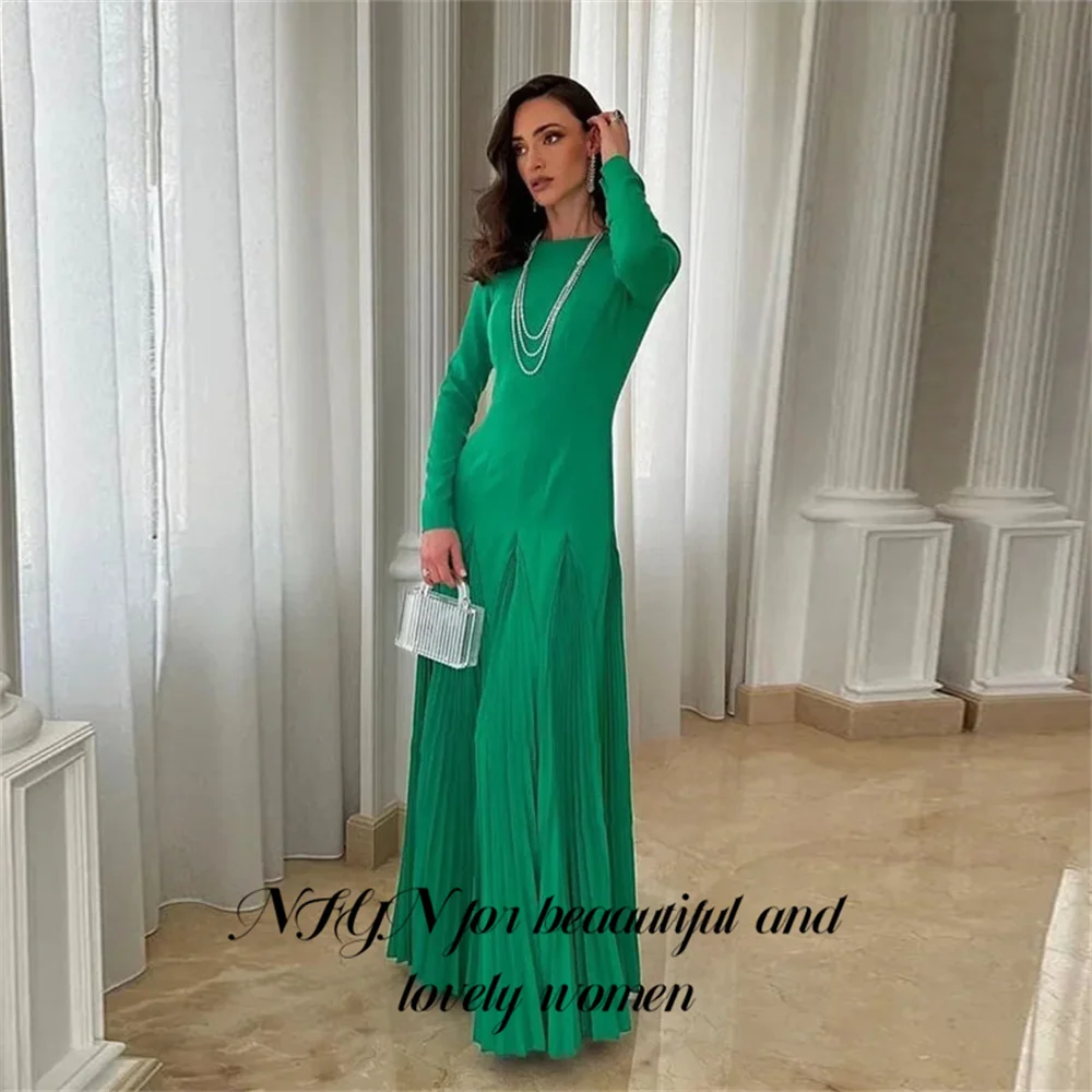 

NFYN Arabia O Neck Evening Dress Sheer Neck Long Sleeves Satin Party Dress Ruched Formal Prom Dress Robes De Soirée Customized