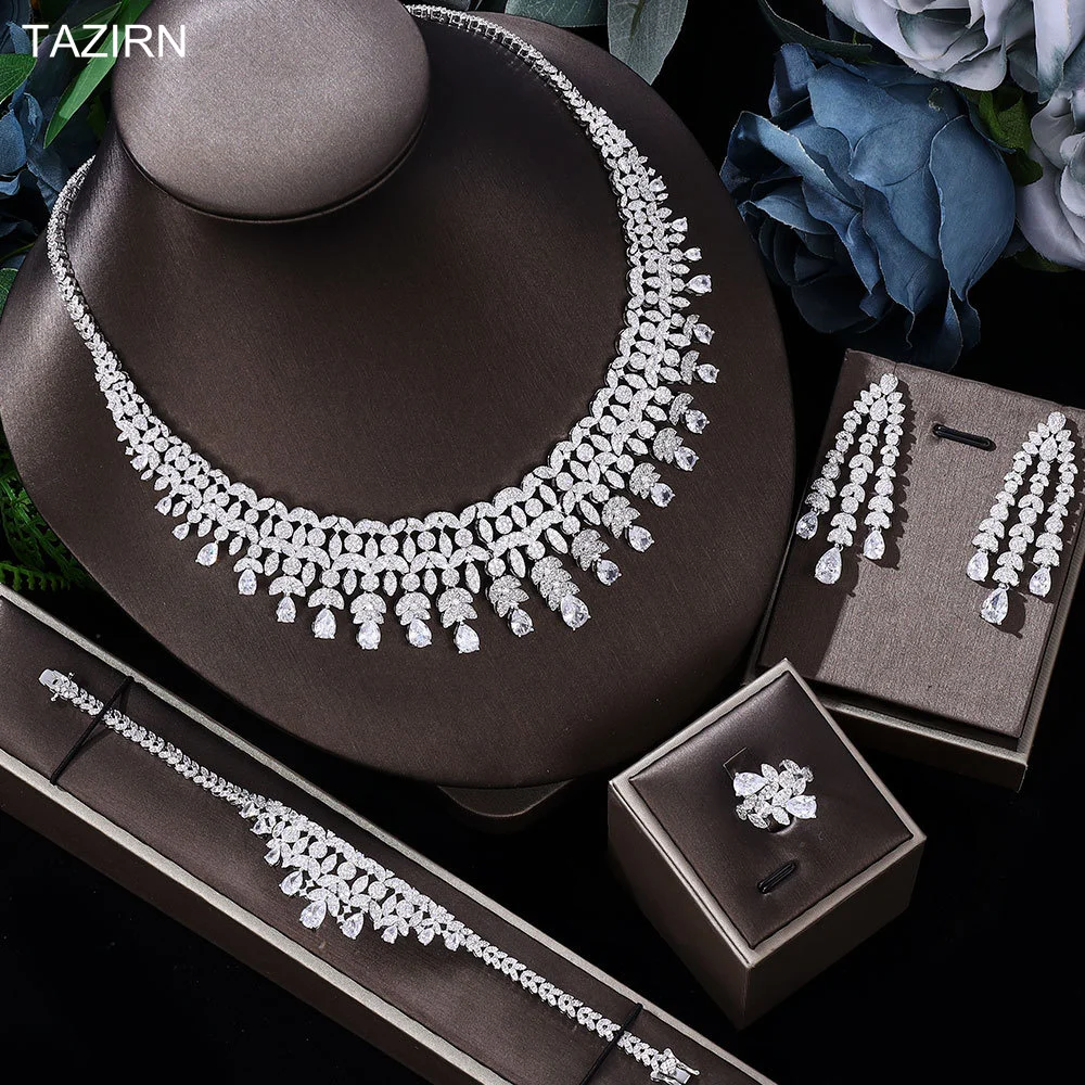 

TAZIRN Luxury Full Cubic Zirconia 4PCS Bridal Wedding Jewelry Sets Big Dinner Party CZ Dubai Arabic Crystal Choker Set for Women