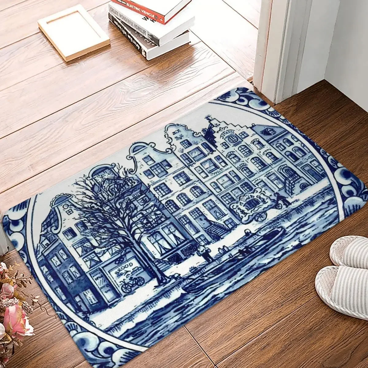 Retro Non-slip Rug Doormat Living Room Mat DUTCH BLUE DELFT Vintage Boats In Canal Amsterdam Print Floor Carpet Home Decorative