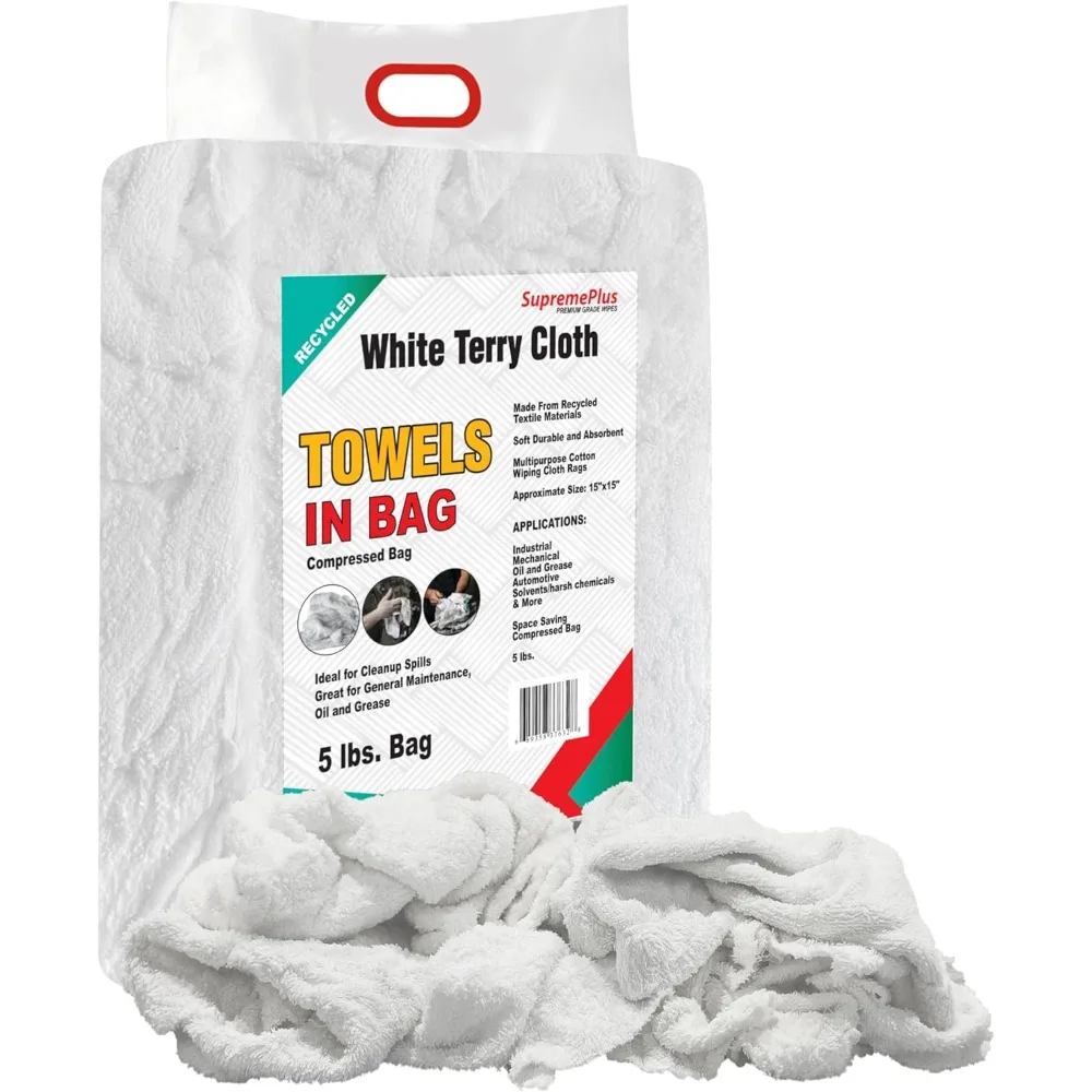 

High Absorbency Recycled White Terry Rags 5lb Bulk Pack for Home Industrial Workshop Cleaning