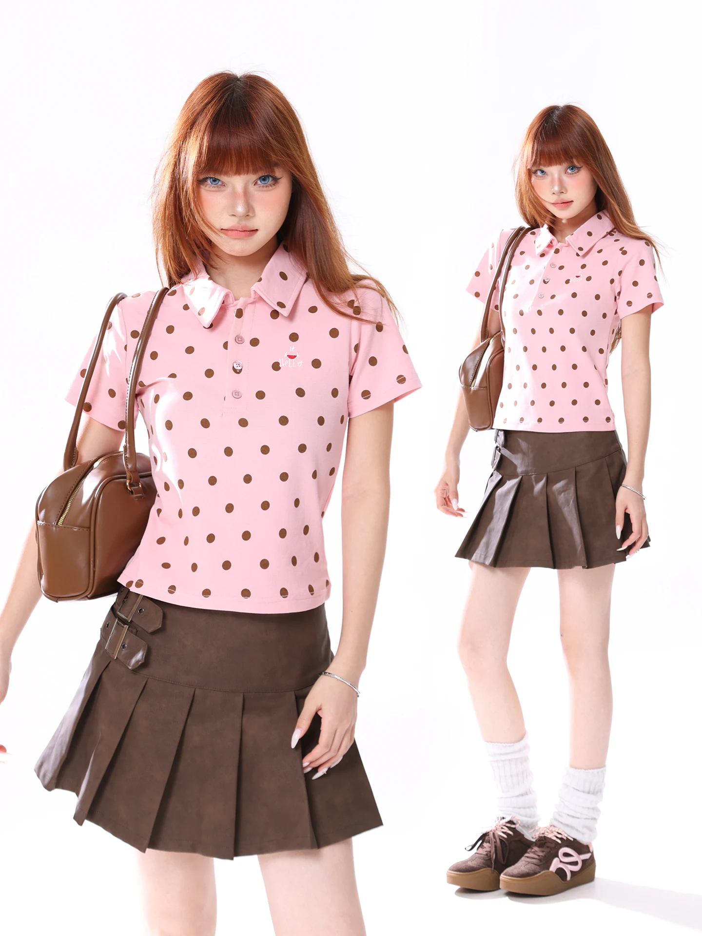Retro Polka Dot Short Sleeve  Neck T-Shirt Women's Summer Casual Style Cotton Blend Top Flipped Collar Short Length