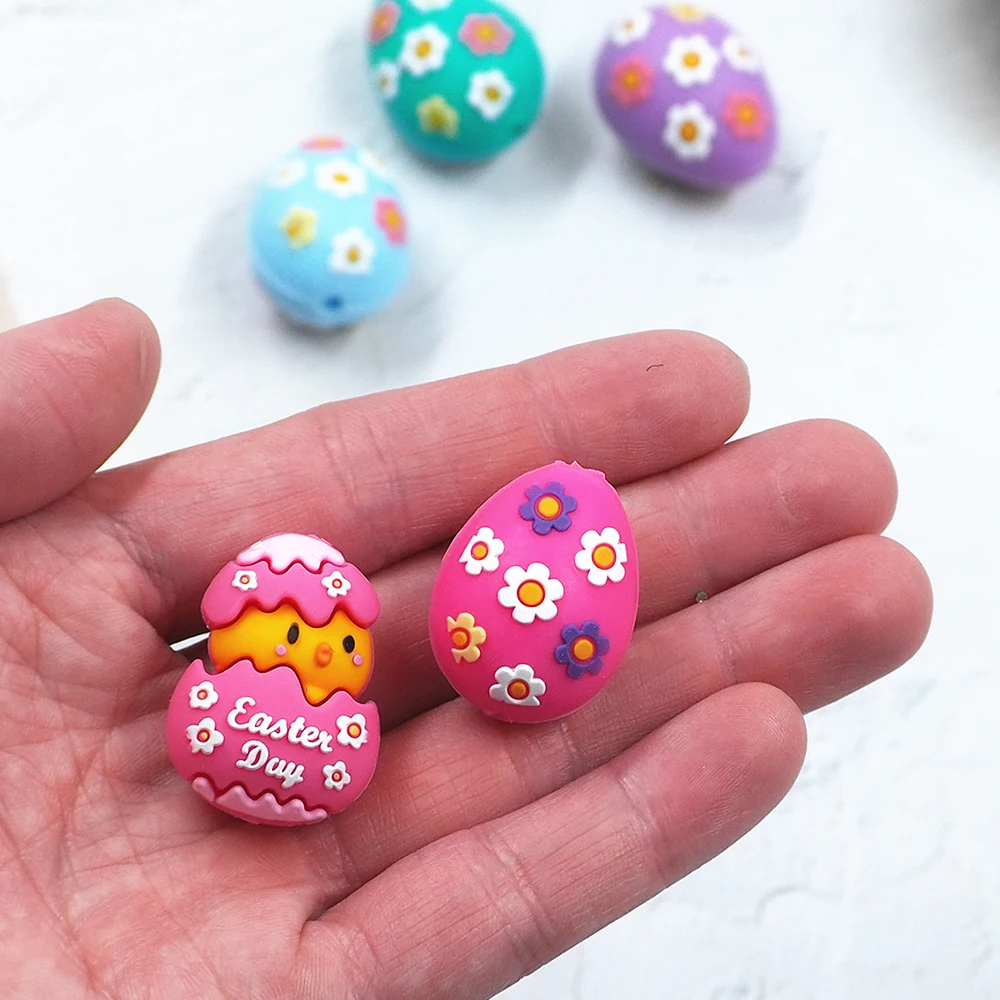 Chenkai 10pcs Easter Egg Silicone Focal Beads For Beadable Pen Silicone Charms for Pen Keychain Making Silicone Characters