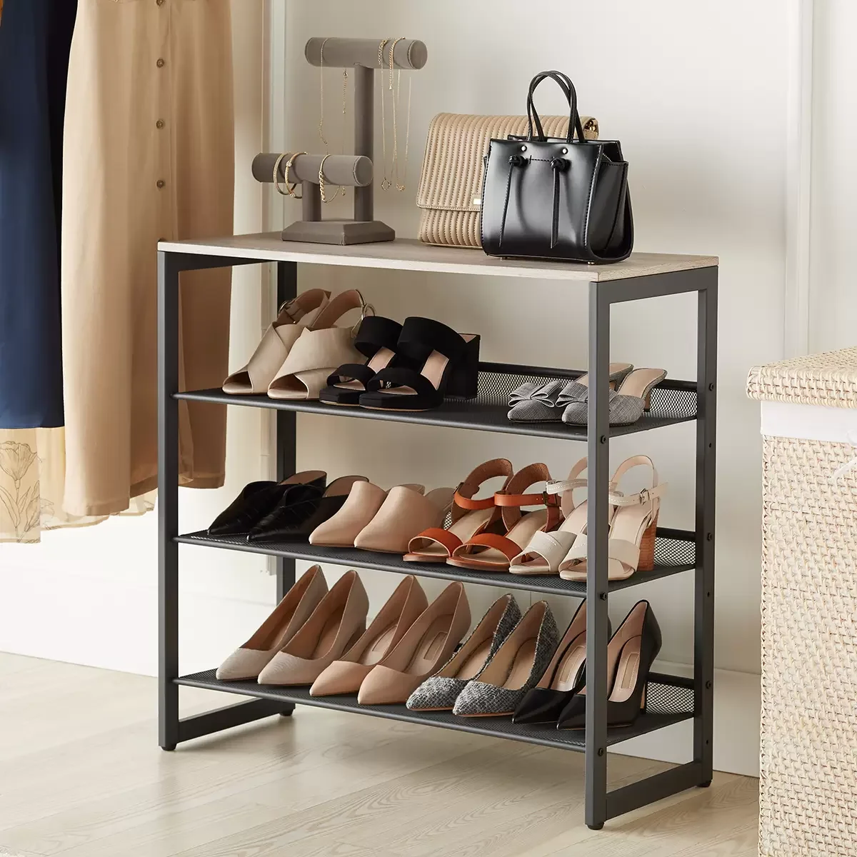 

3-Tier Mesh Entryway Shoe Storage w/ Wood Top Graphite