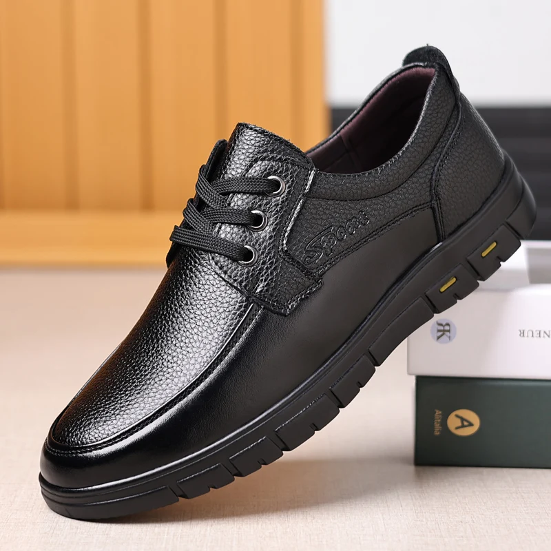 Leisure men\'s shoes 2024 spring new trendy minimalist work shoes with lace up middle-aged dad formal casual business leather sho