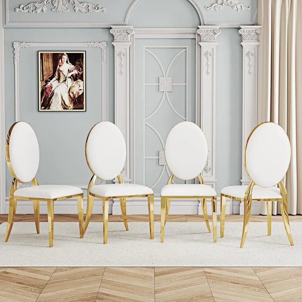 

Luxury White Leather Upholstered Arm Dining Chairs Set of 4 with Gold Mirrored Stainless Steel Legs for Modern Living and Kitche