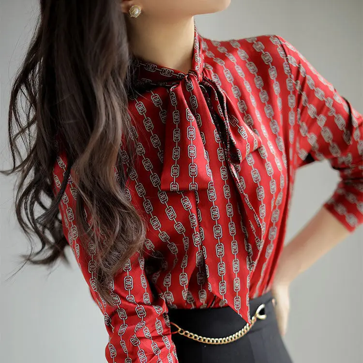 

High end fashion printed women's long sleeve shirt 2023 spring and autumn new red fashion style top