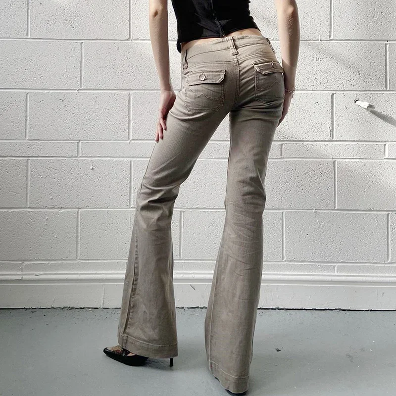 Vintage Flare Jeans with Pockets Y2K Khaki Slim Fit Denim Trousers Spring High Street Pants Lady Women Stylish