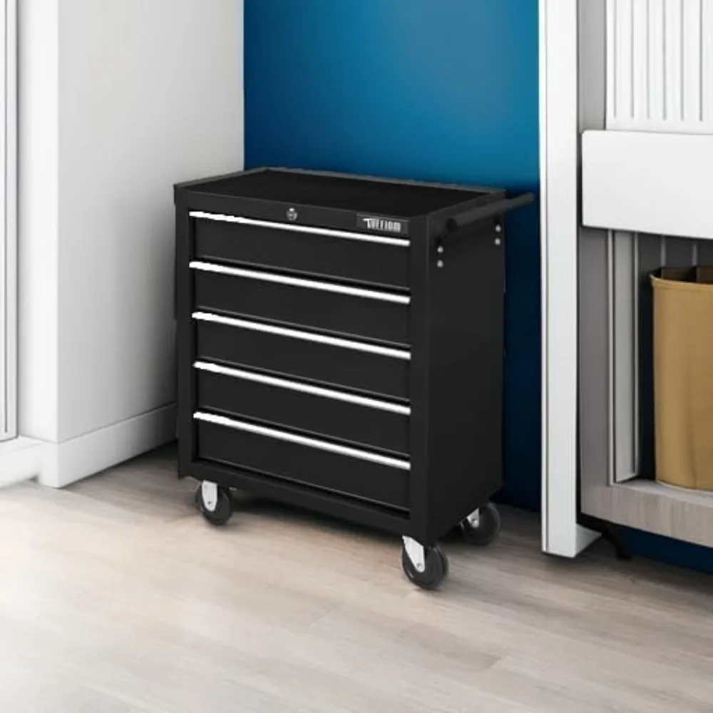 5-Drawer Rolling Tool Chest w/Drawers & Lock, Tool Storage Cabinet with Lockable Wheels, Top Cushion & Drawer Liners