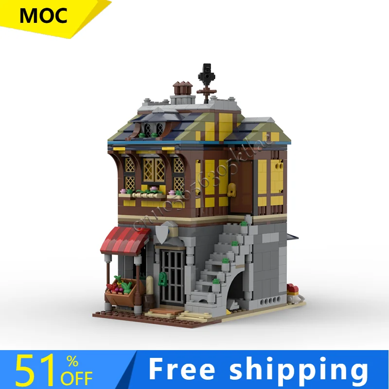 1051 個中世商人の家 MOC ビルディングブロックレトロ建築モデルディスプレイ装飾おもちゃ子供 Diy 組立ギフト