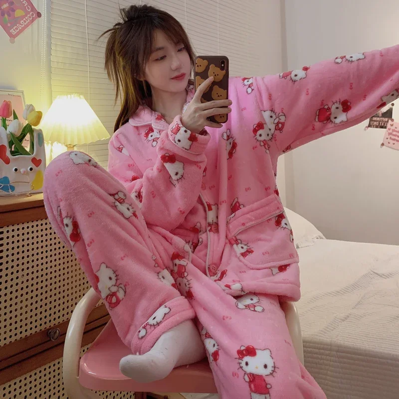 Hello Kitty Winter Fleece Warm Koraal Fleece Warme Verdikte Dames Pyjama Zijden Pyjama Dames Yugui Hond Homewear Set