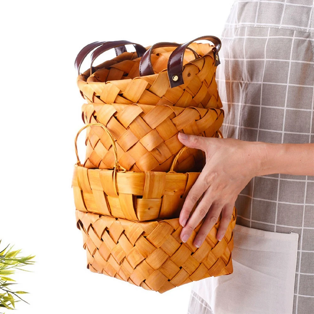 Handmade Wooden Storage Basket Japanese Round Bread Fruit Storage Wooden Storage Basket Desktop Finishing Box With Handle