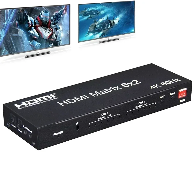 

Matrix Switch HDMI 6x2 4k 60Hz HDMI Matrix Switch Splitter 6 Inputs and 2 Outputs with HDMI Audio Video Switcher for PC Monitor