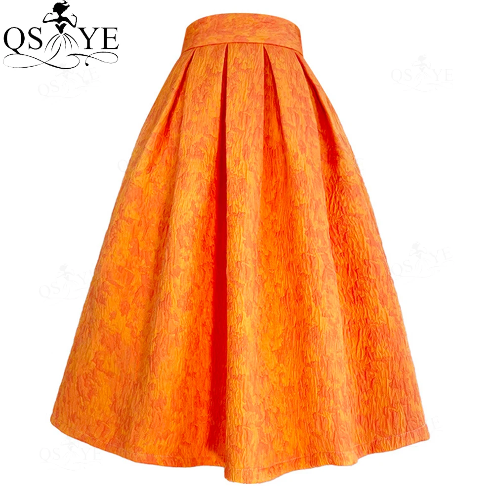 Orange Long Prom Dresses A line Overskirt Skirt Women Overlay Pattern Satin Evening Gown Box Pleated Skirt Long Maxi Party Dress