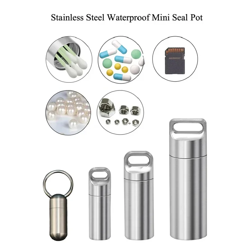 304 Stainless Steel Waterproof Mini Sealed Can Pill Portable Container Sealed Can Small Tool Parts Storage Bottle With Keychain