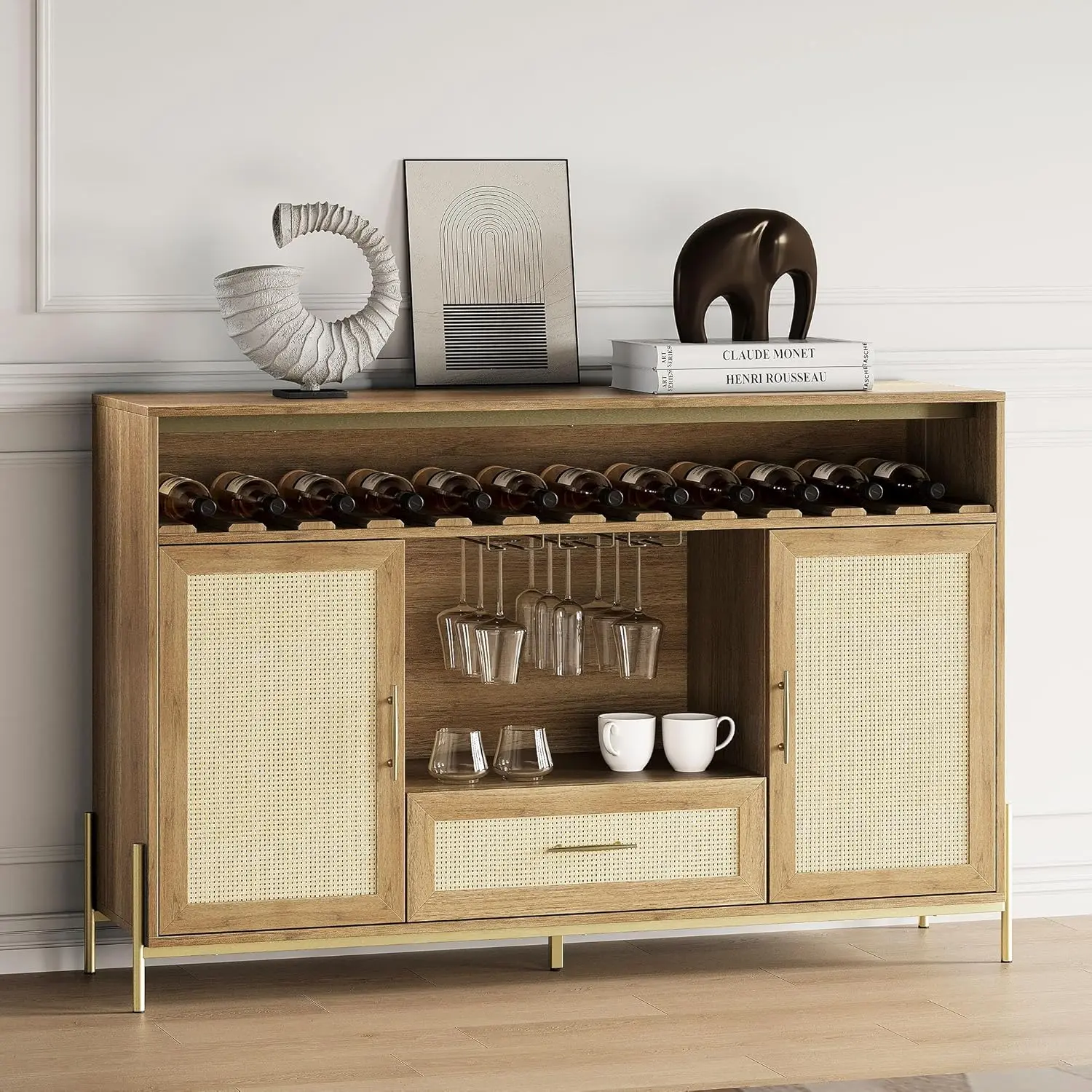 

55" Sideboard Buffet Cabinet with Wine Rack and Glass Holder, Boho Rattan Decorated Console Table, Marcel (Camel)