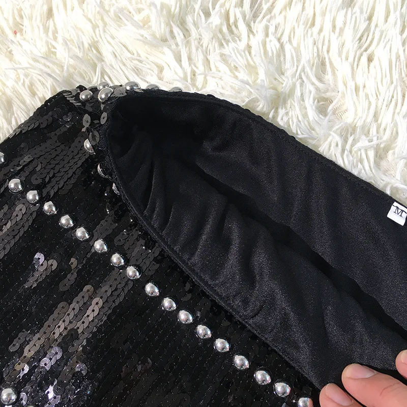 

Women Vintage Sequined Middle Skirt Sequins Beading Bodycon Rivet Skirt Black Bling Auturn Skirt Shiny Korean Fashion
