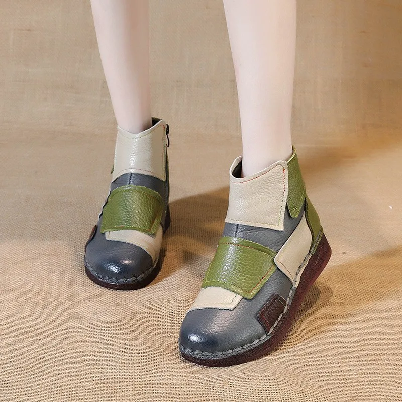 Ethnic Style Color Blocked Short Boots for Women in Autumn and Winter, Flat Bottomed Soft Sole, Comfortable and Casual Mom Shoes