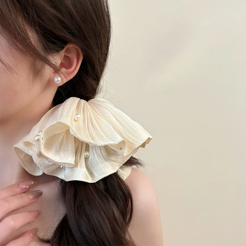 الراقية سوبر الجنية تقليد اللؤلؤ شبكة عقال مع مطوي الملمس الأزهار الشعر حبل ذيل حصان التبعي #3