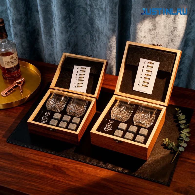 JUSTINLAU Father's Day Gift Whiskey Stone Glass Wine Set Granite Ice Block for Whisky Wood Bottle Box Present for Dad Husband