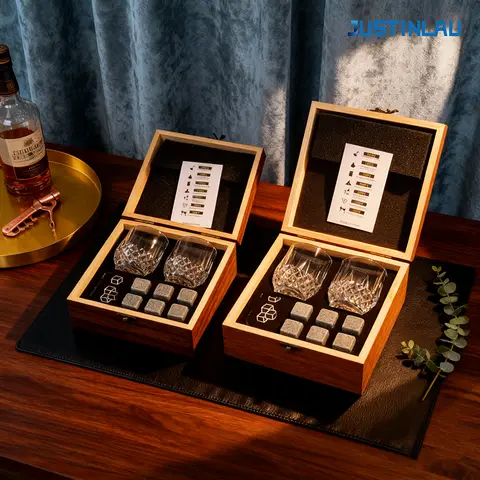 JUSTINLAU Father's Day Gift Whiskey Stone Glass Wine Set Granite Ice Block for Whisky Wood Bottle Box Present for Dad Husband