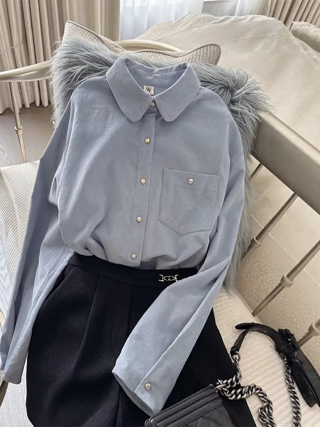 

Французский свободный крой Long Sve irt, женская внутренняя одежда, повседневный, воздушный, женский топ с отложным воротником большого размера