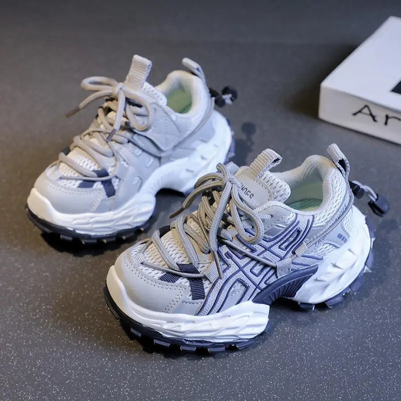 

Non Slip Thick Bottom Lace Up Hiking Shoes Child 2025 Autumn Round Toe Breathable Mesh Sneakers Fashion Hollow Out Sports Shoes
