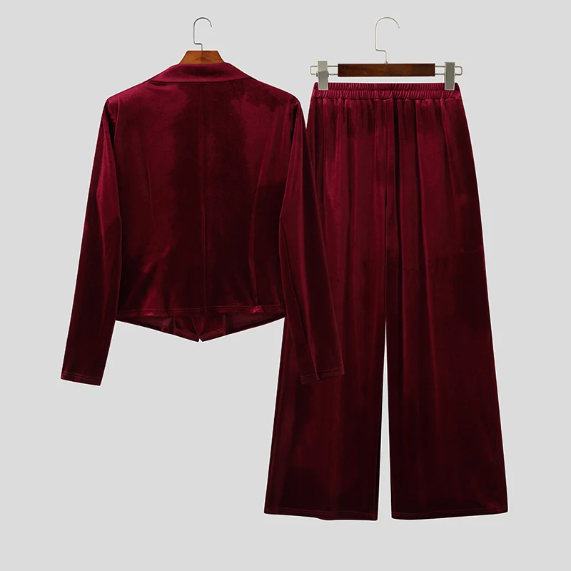 INCERUN-Conjuntos para hombre, chaqueta y pantalones de manga larga con solapa de terciopelo de Color sólido, conjuntos de dos piezas, ropa de calle, trajes informales elegantes a la moda para hombre